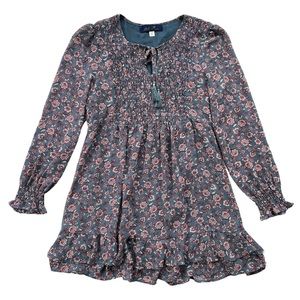 Blue Rain Women’s Medium Dark Teal‎ Pink Floral Smocked Ruffle Long Sleeve Dress